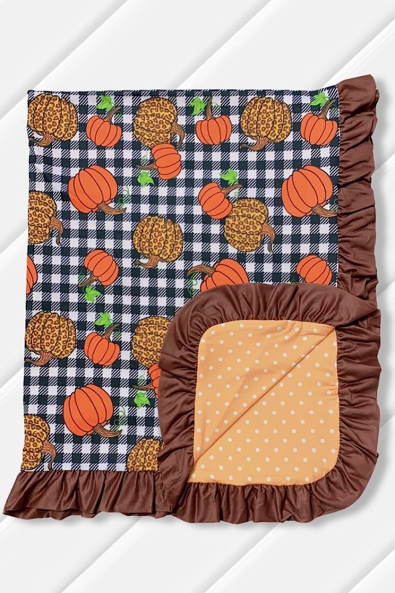 Soft Checkered Fall Leopard Pumpkin Reversible Printed Baby Blanket with Ruffle Hem