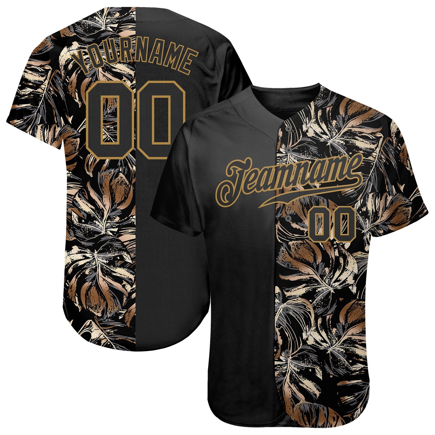 Custom 3D Pattern Design Golden Tropical Leaves In The Style Of Jungalow And Hawaii Authentic Baseball Jersey