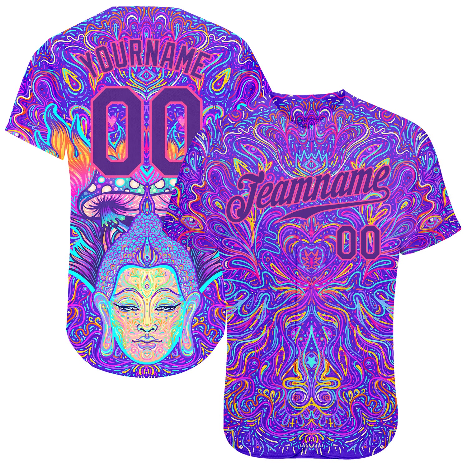 Custom 3D Pattern Design Sitting Buddha Over Colorful Neon Background Psychedelic Mushroom Composition Authentic Baseball Jersey