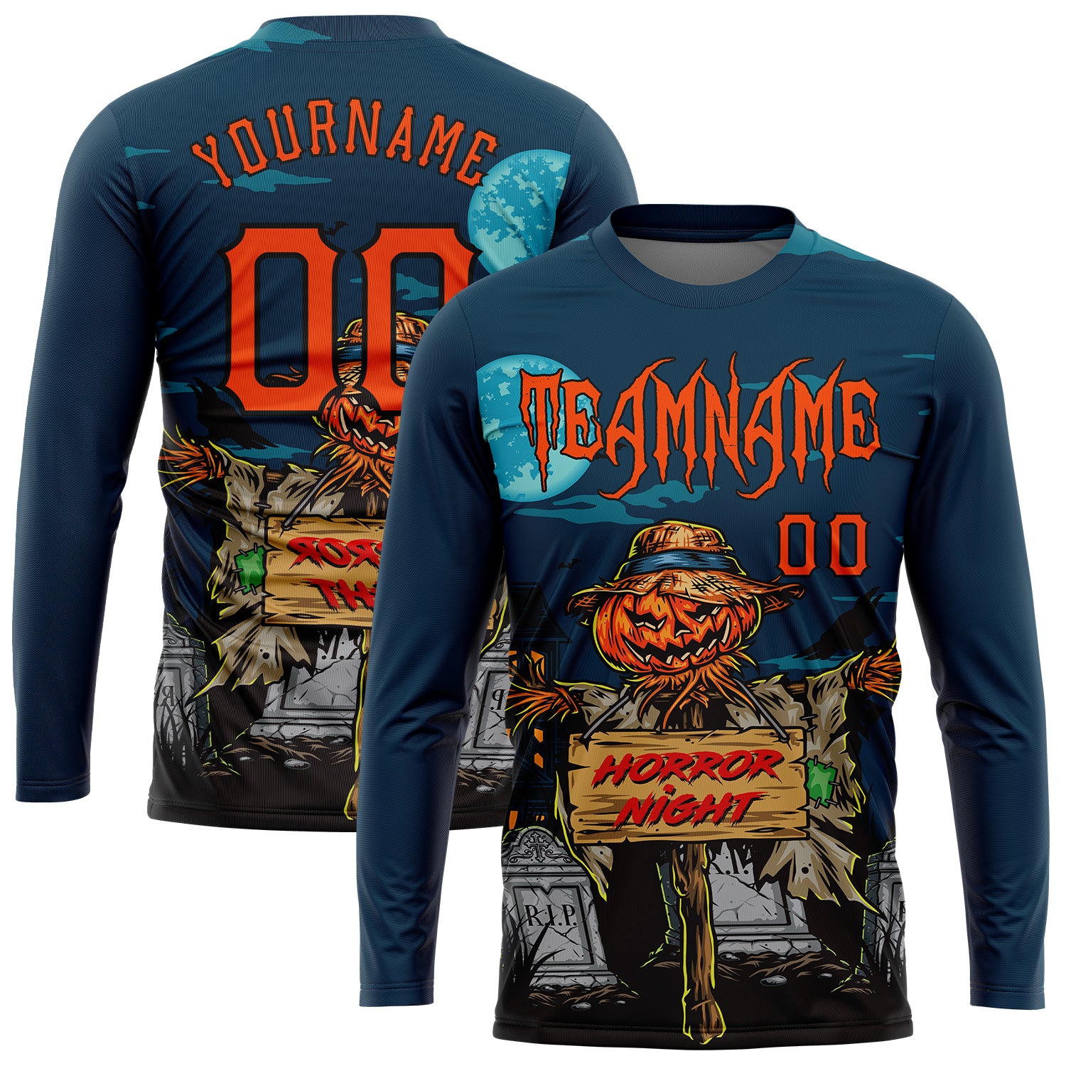 Custom 3D Pattern Halloween Pumpkins Horror Night Long Sleeve Performance T-Shirt