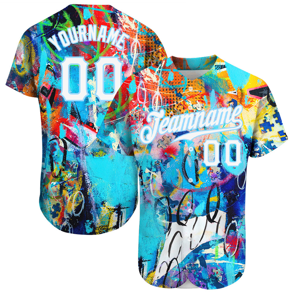 Custom Abstract Oil Graffiti White-Light Blue 3D Authentic Baseball Jersey