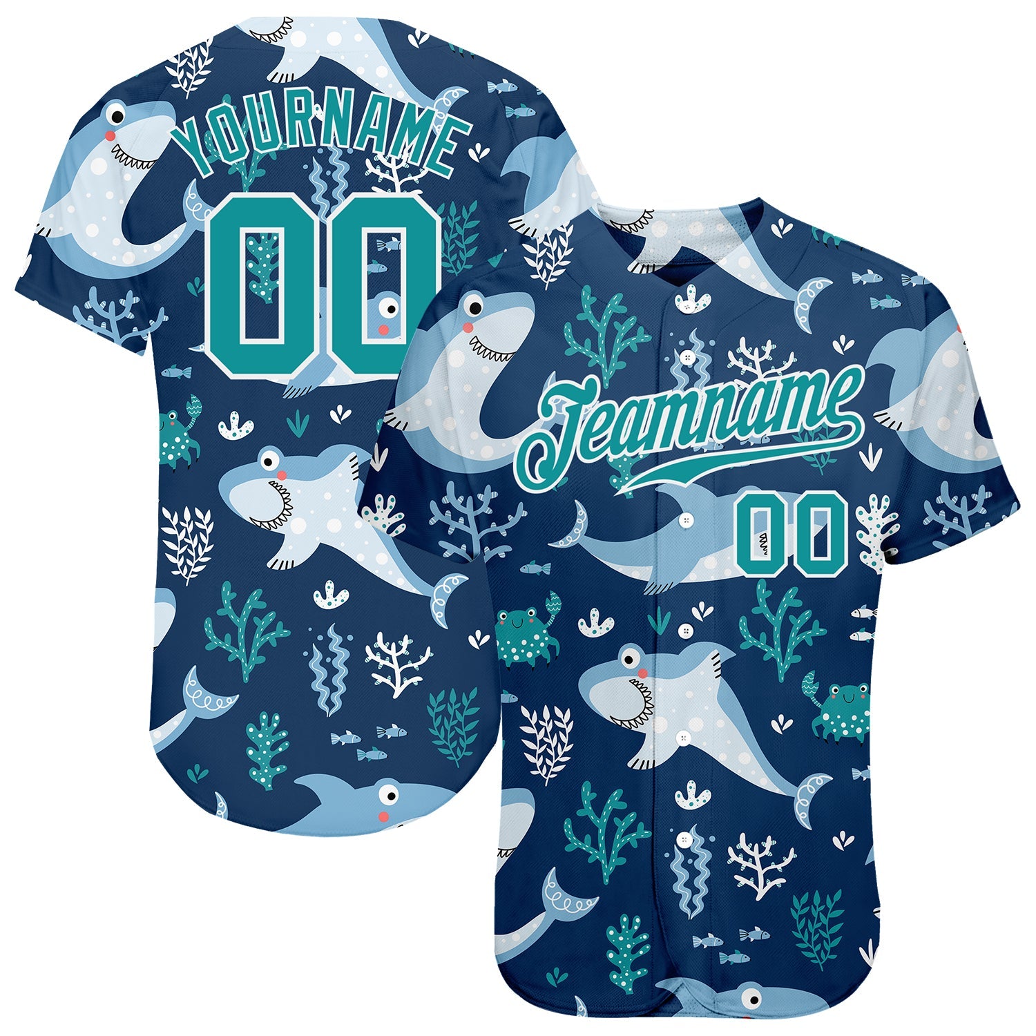 Custom Aqua Aqua-White 3D Pattern Design Sharks Authentic Baseball Jersey