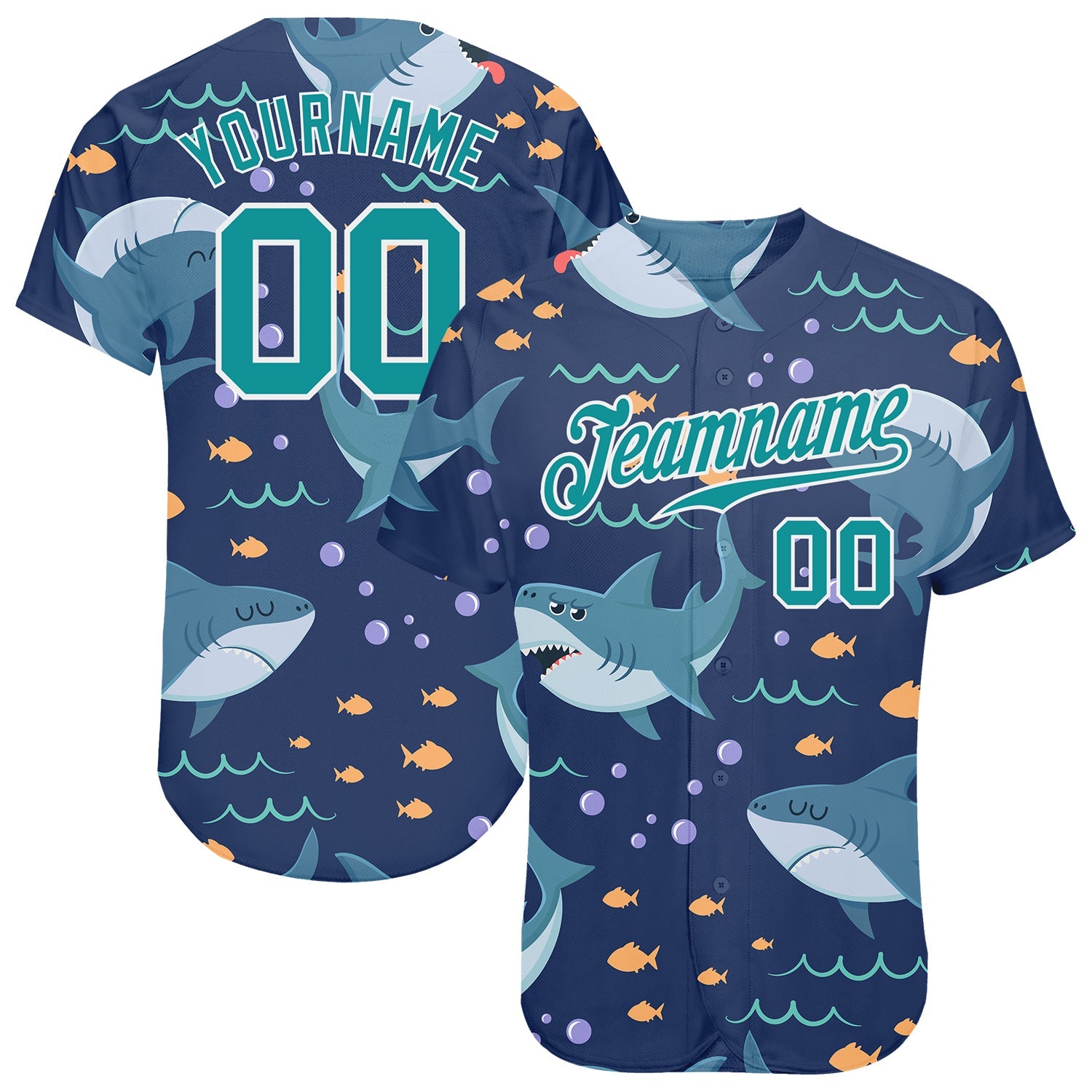 Custom Aqua Aqua-White 3D Pattern Design Sharks Authentic Baseball Jersey