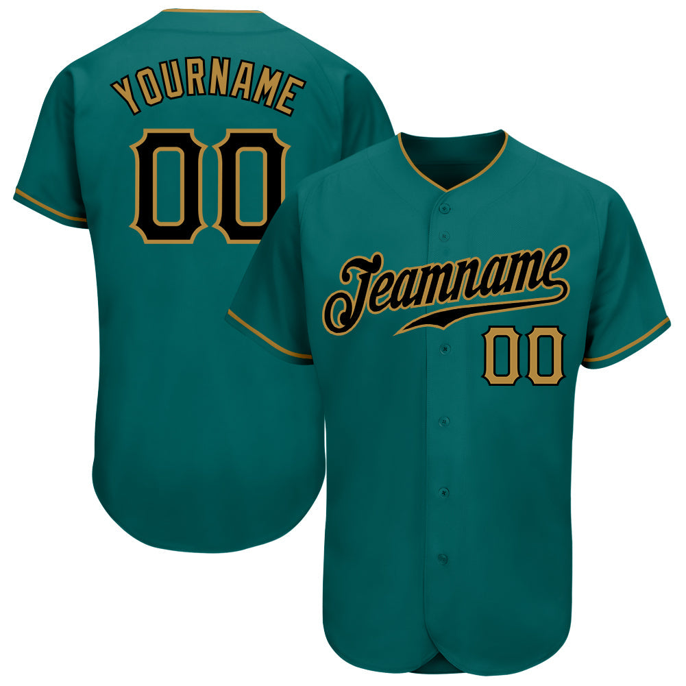 Custom Aqua Black-Old Gold Authentic Baseball Jersey