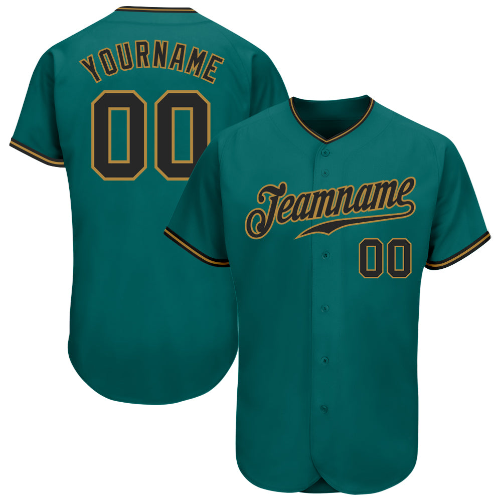 Custom Aqua Black-Old Gold Authentic Baseball Jersey