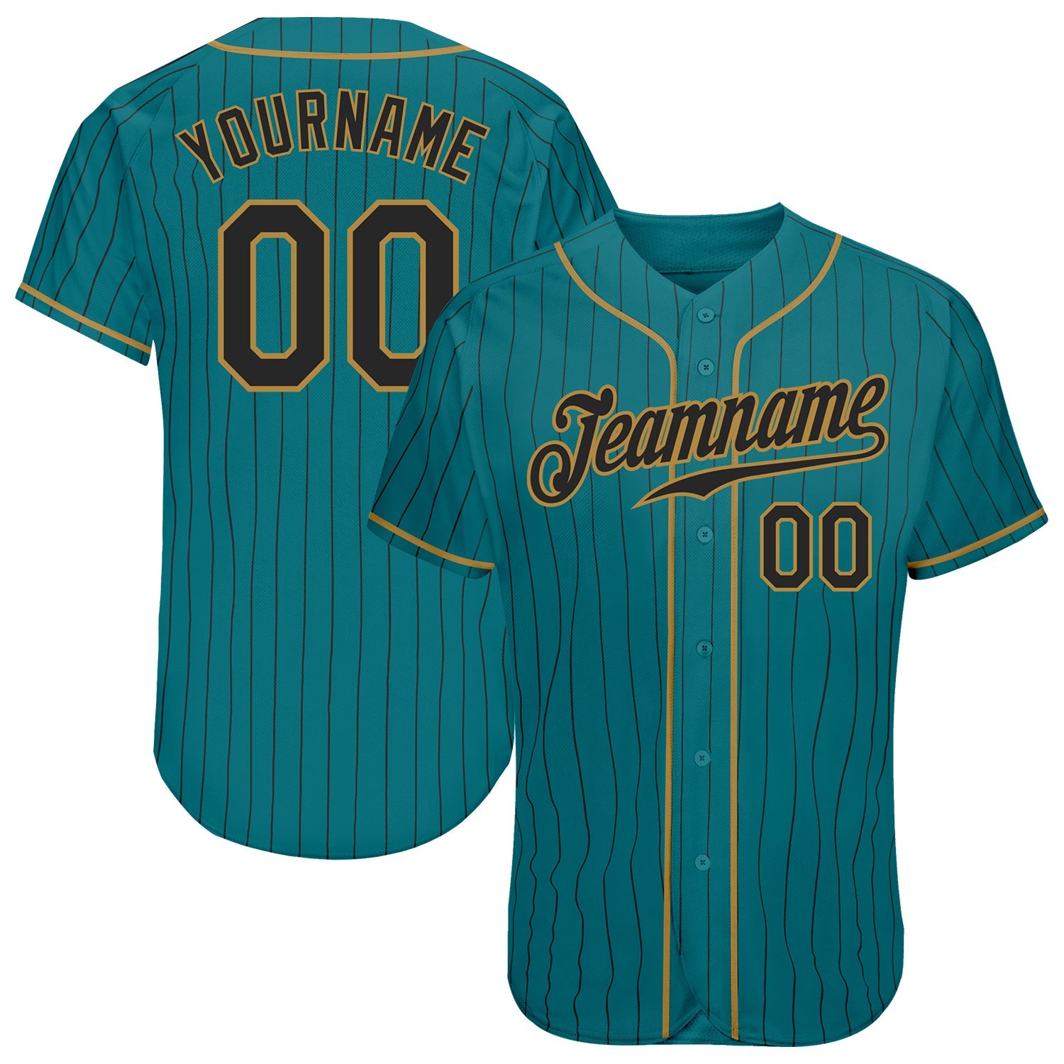 Custom Aqua Black Pinstripe Black-Old Gold Authentic Baseball Jersey