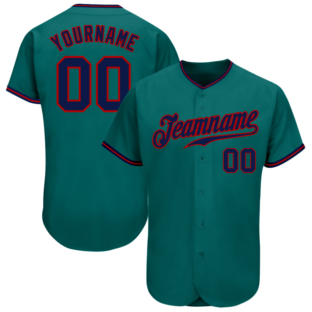 Custom Aqua Navy-Red Authentic Baseball Jersey