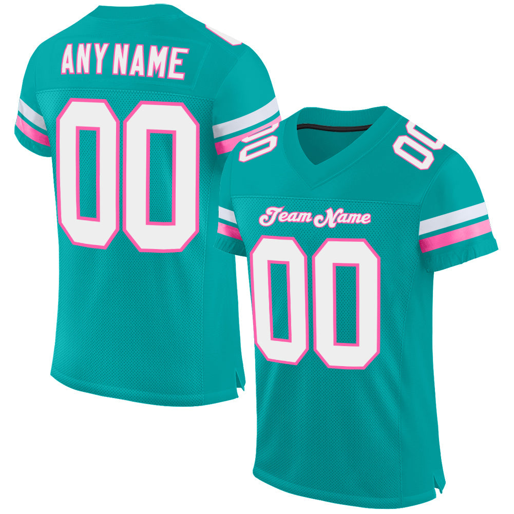 Custom Aqua White-Pink Mesh Authentic Football Jersey