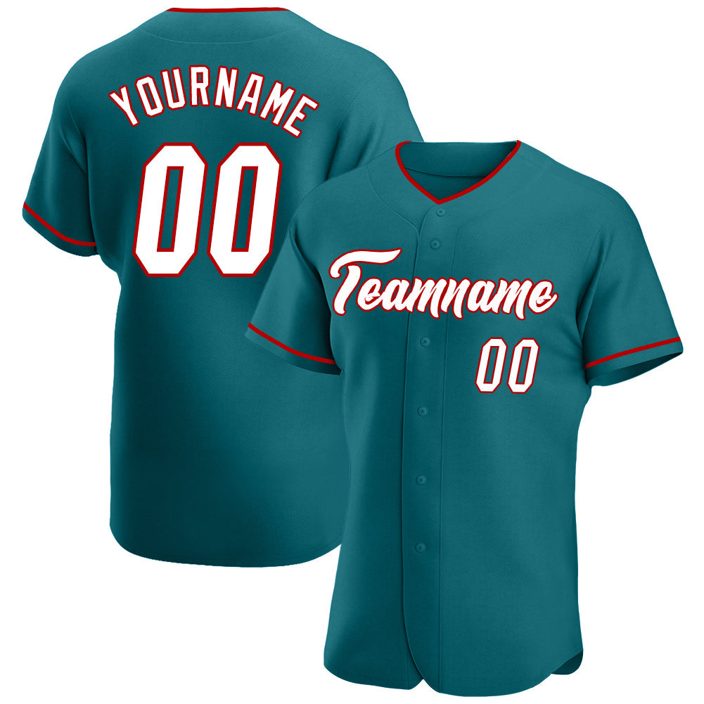 Custom Aqua White-Red Authentic Baseball Jersey