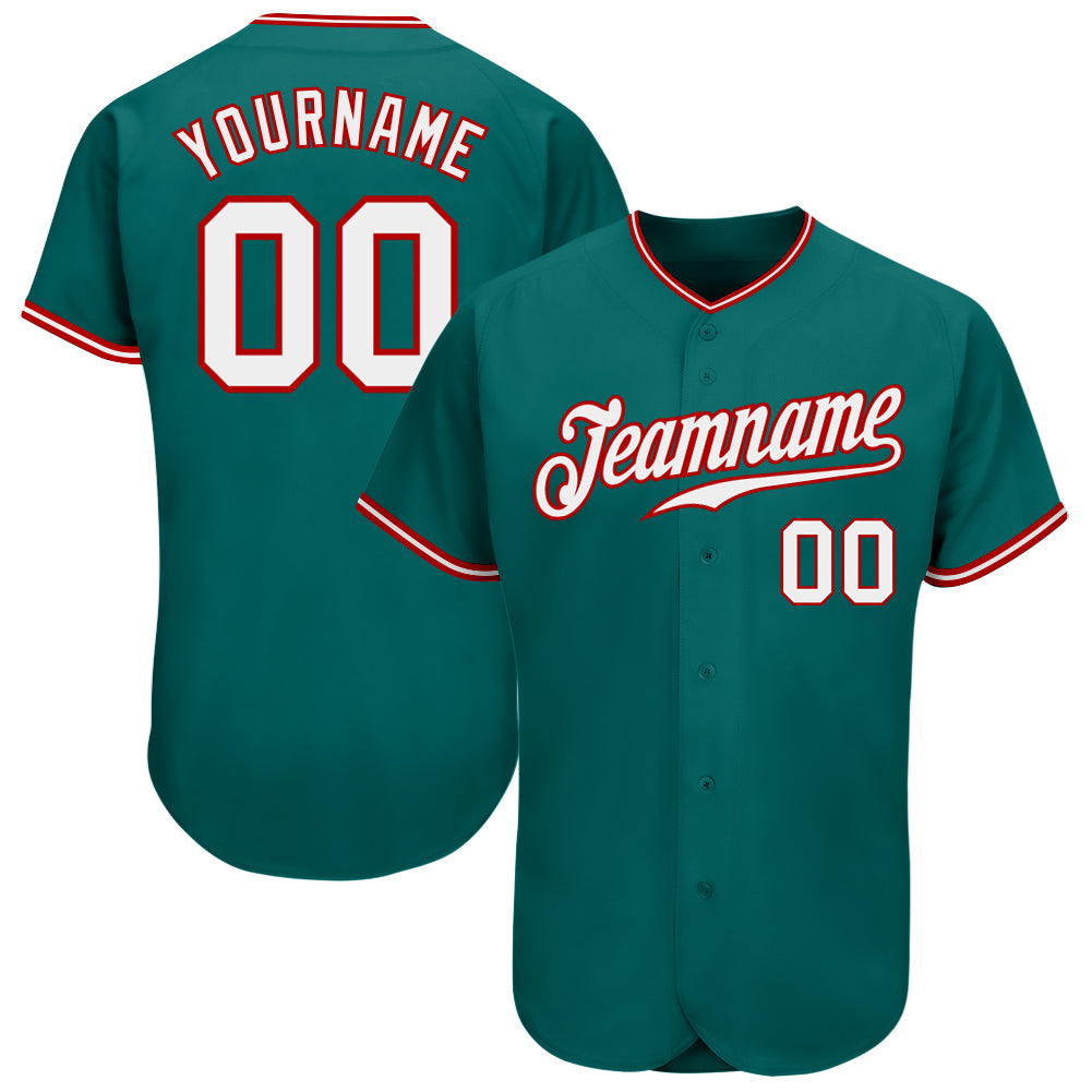 Custom Aqua White-Red Authentic Baseball Jersey