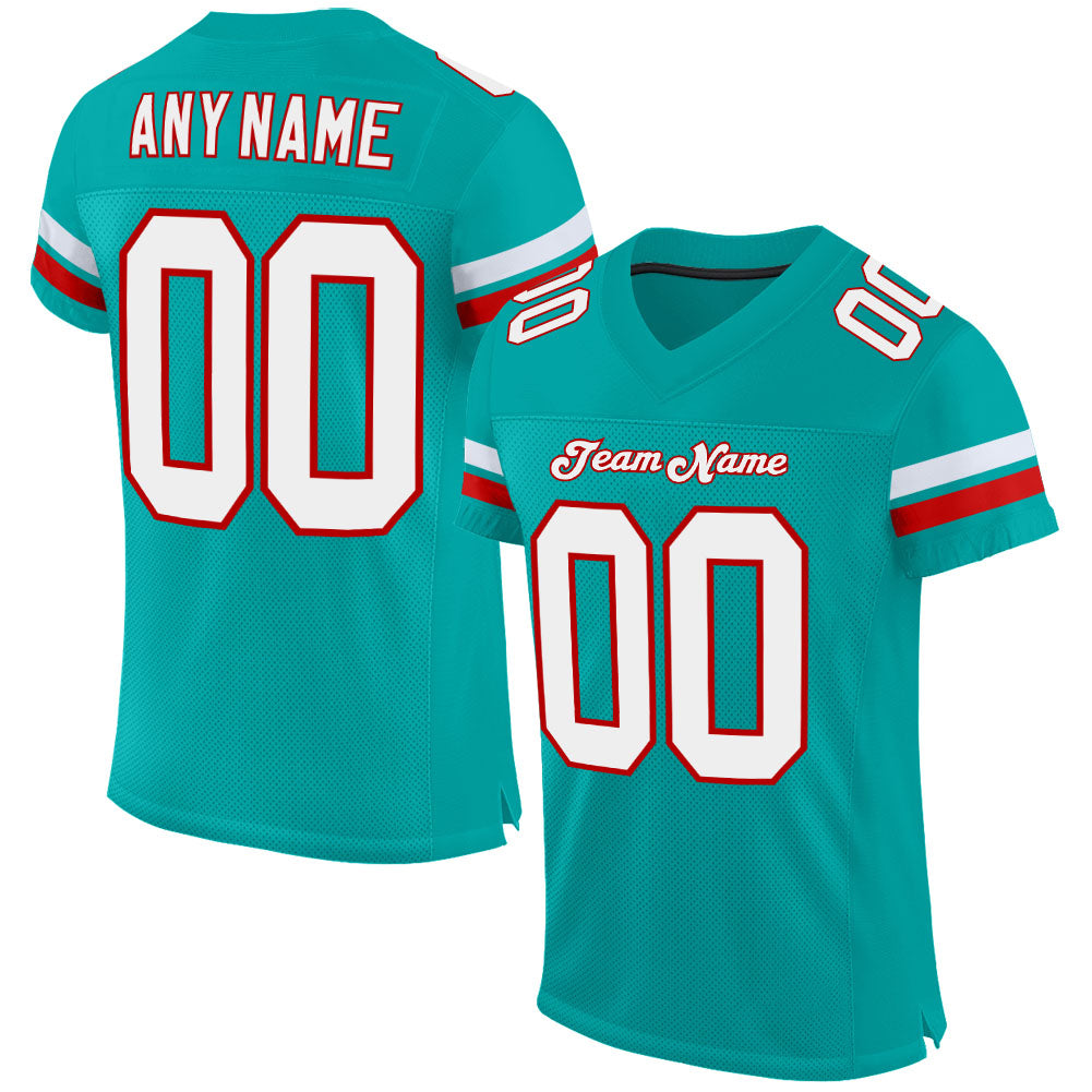 Custom Aqua White-Red Mesh Authentic Football Jersey