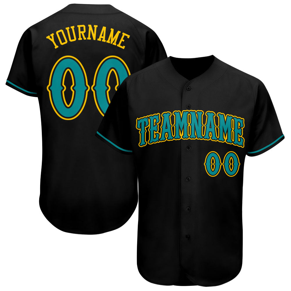 Custom Black Aqua-Gold Authentic Baseball Jersey