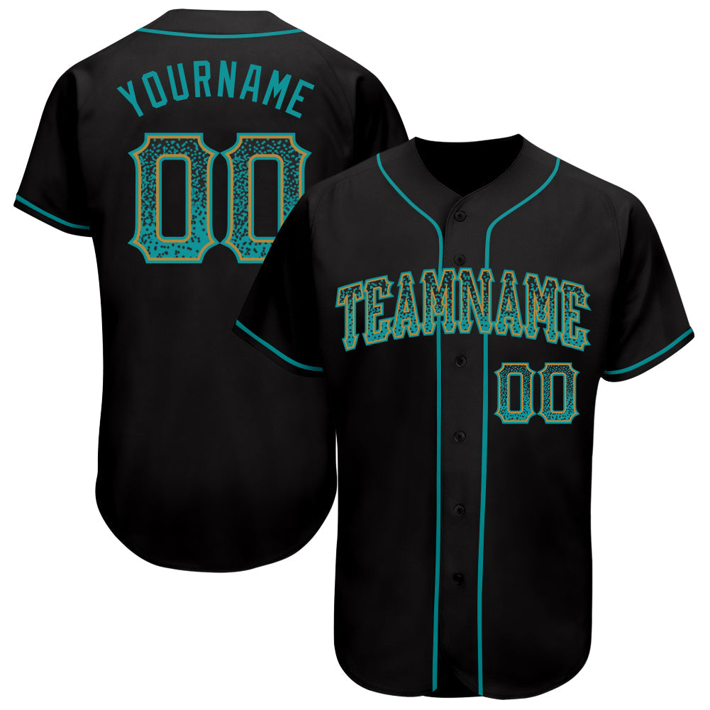 Custom Black Aqua-Old Gold Authentic Drift Fashion Baseball Jersey