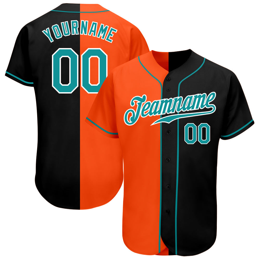 Custom Black Aqua-Orange Authentic Split Fashion Baseball Jersey