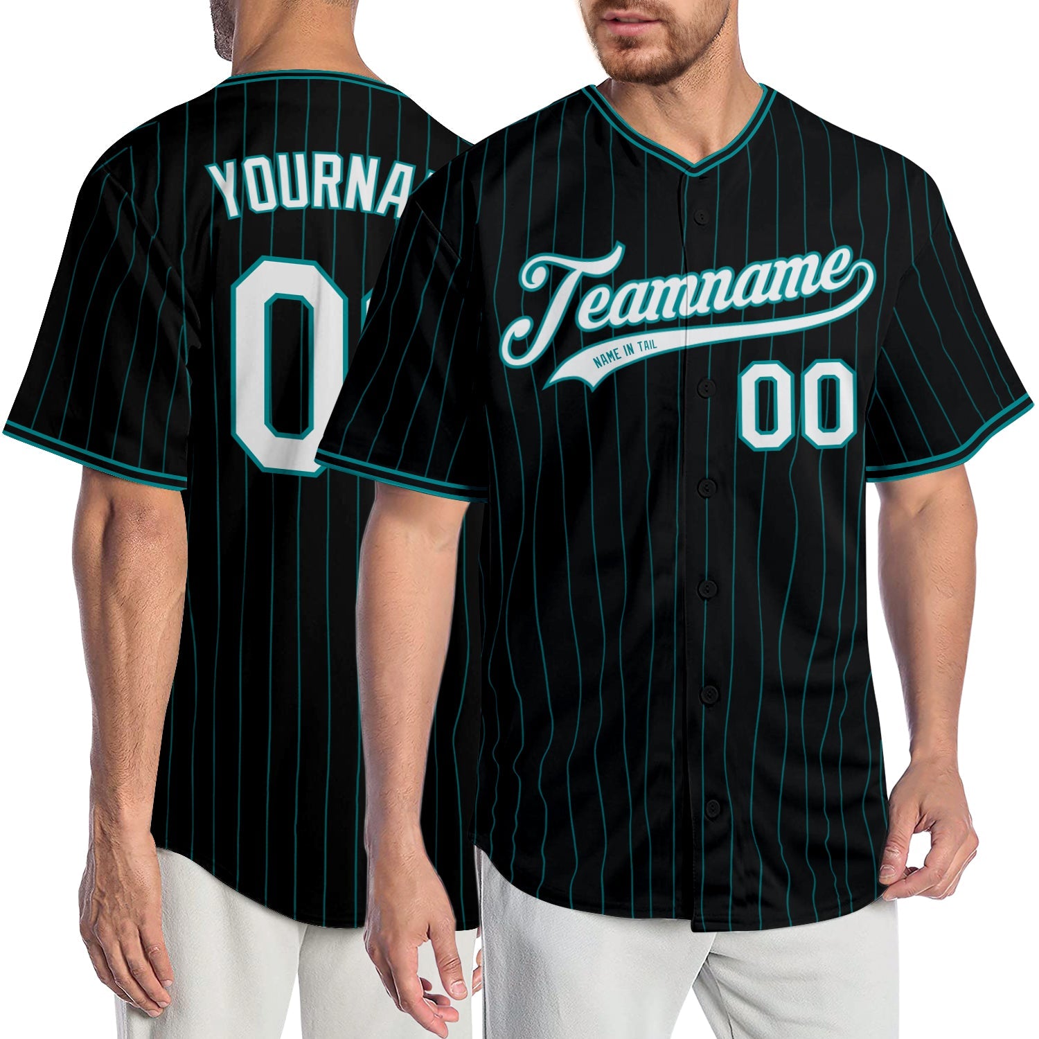 Custom Black Aqua Pinstripe White-Aqua Authentic Baseball Jersey