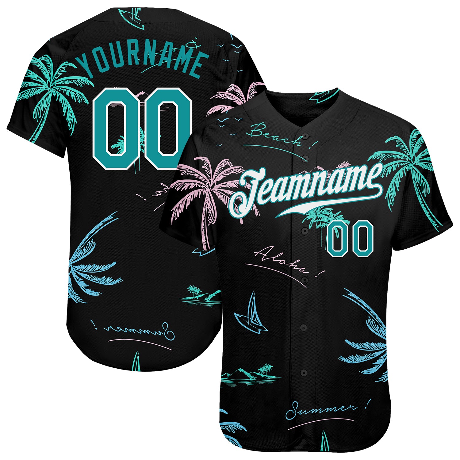 Custom Black Aqua-White 3D Pattern Design Hawaii Palm Trees Authentic Baseball Jersey