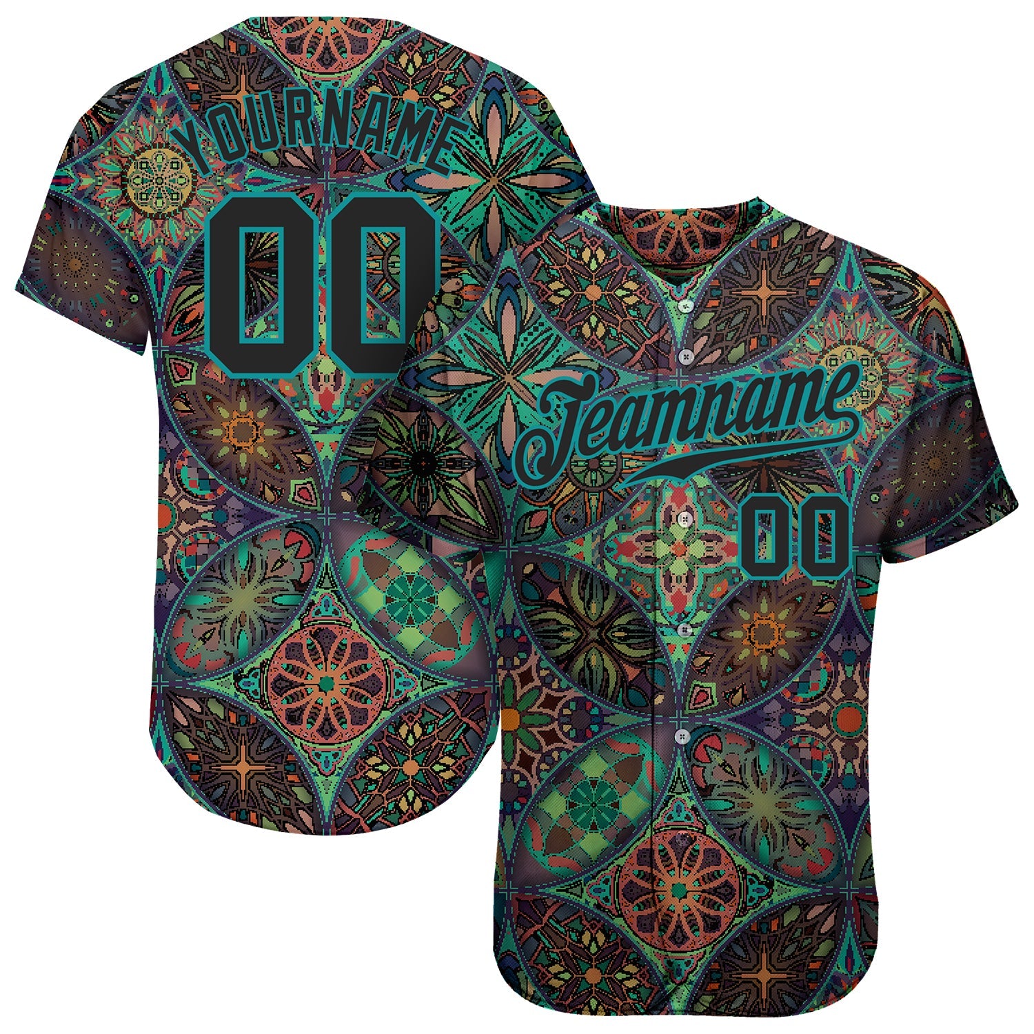 Custom Black Black-Aqua 3D Pattern Design Mandalas Authentic Baseball Jersey