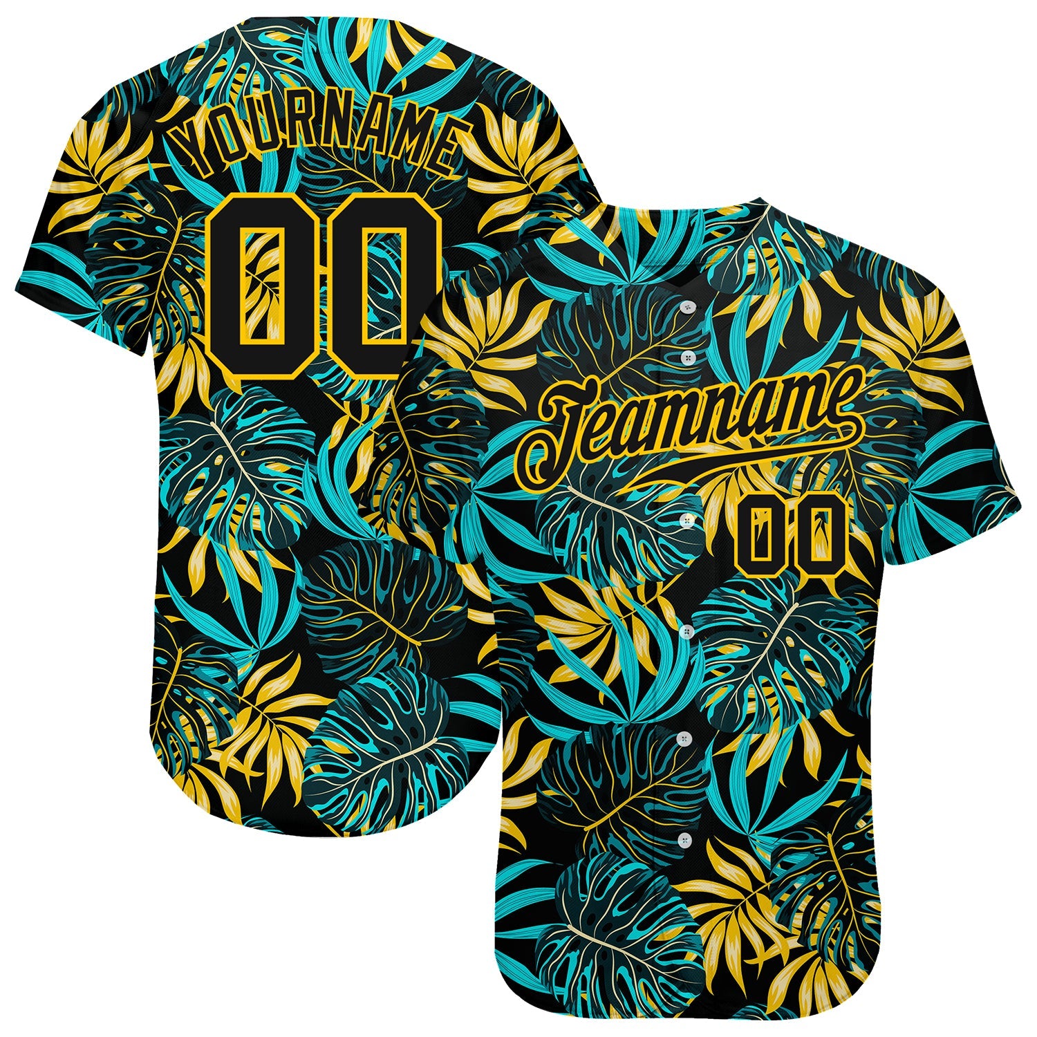 Custom Black Black-Gold 3D Pattern Design Tropical Plants Authentic Baseball Jersey