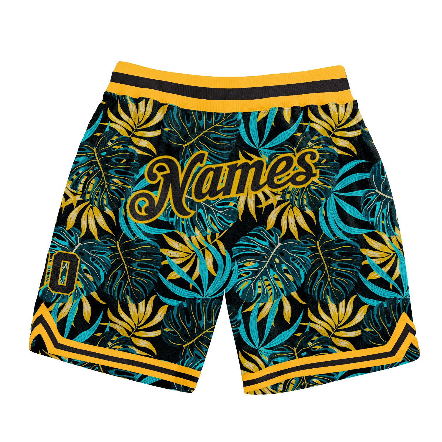 Custom Black Black-Gold 3D Pattern Design Tropical Plants Authentic Basketball Shorts