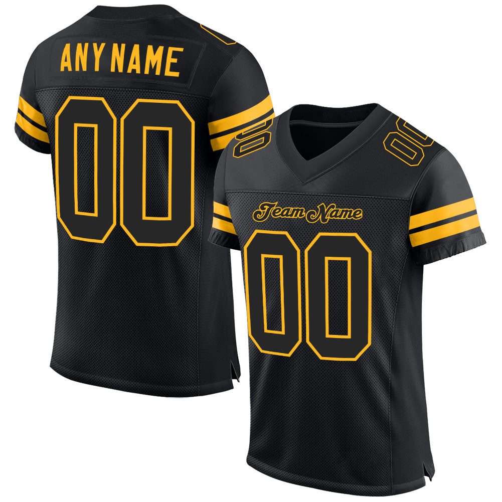 Custom Black Black-Gold Mesh Authentic Football Jersey