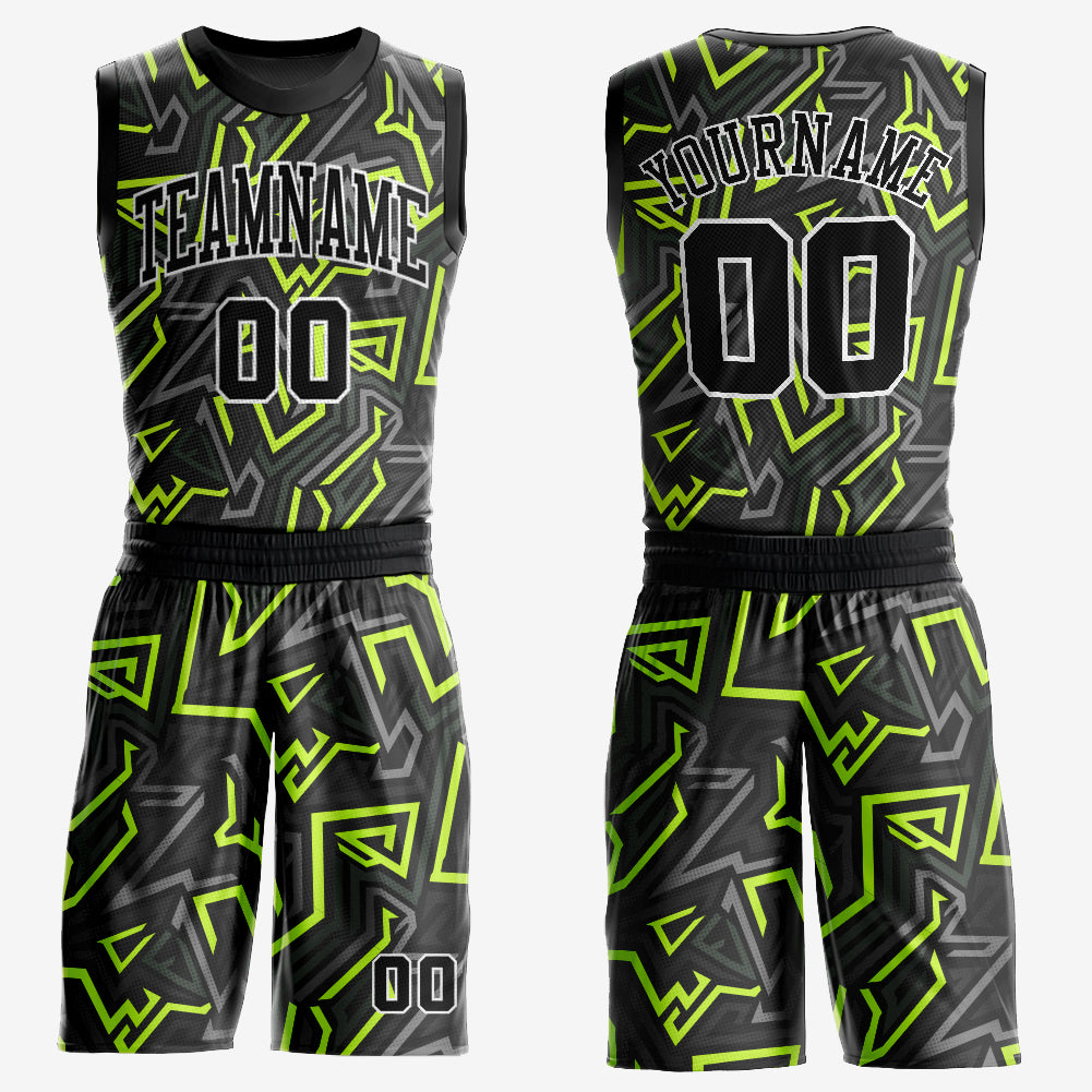 Custom Black Black-Neon Green Round Neck Sublimation Basketball Suit Jersey