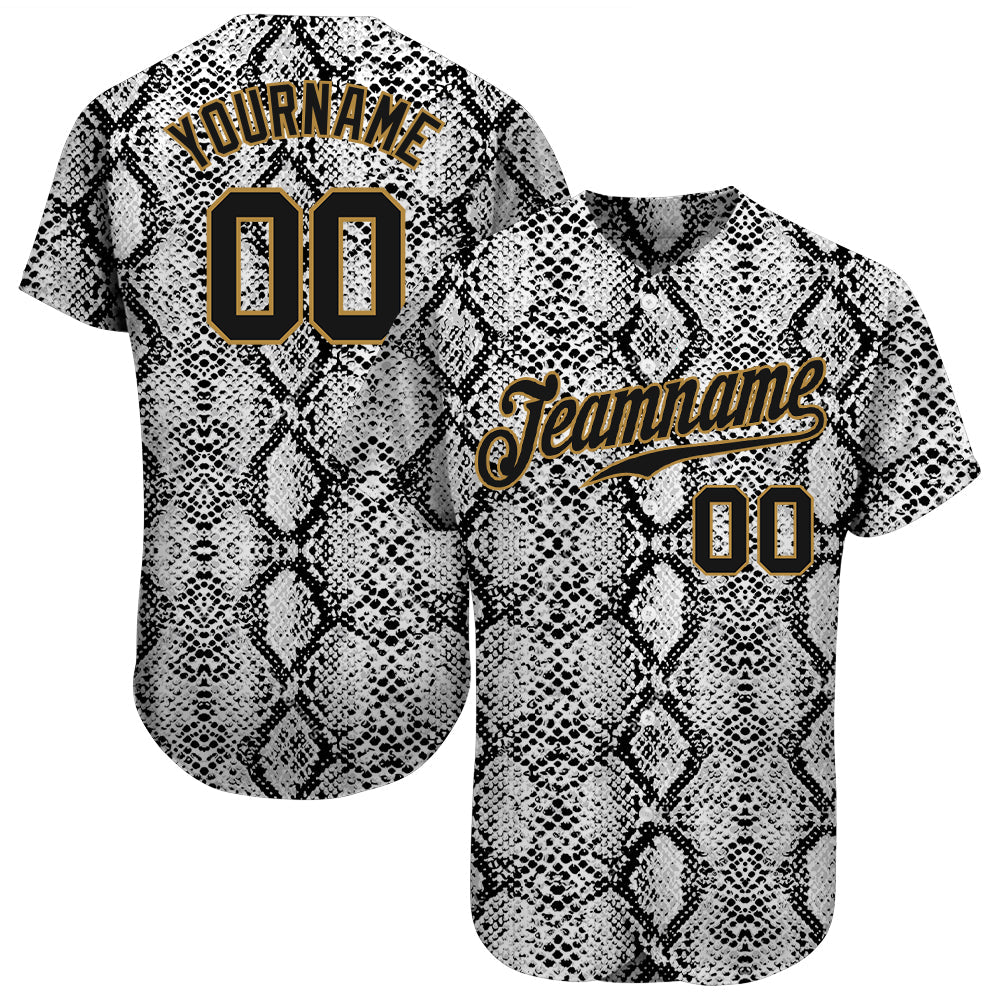 Custom Black Black-Old Gold 3D Pattern Design Snakeskin Authentic Baseball Jersey