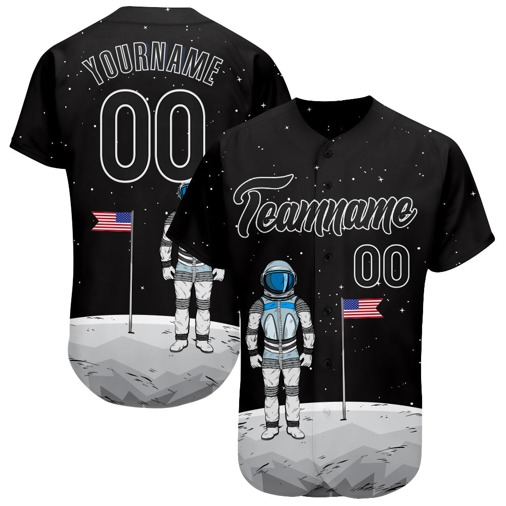 Custom Black Black-White 3D Pattern Design Astronaut Authentic Baseball Jersey