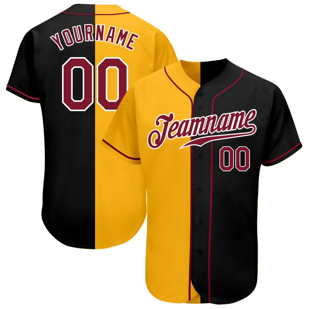 Custom Black Crimson-Gold Authentic Split Fashion Baseball Jersey