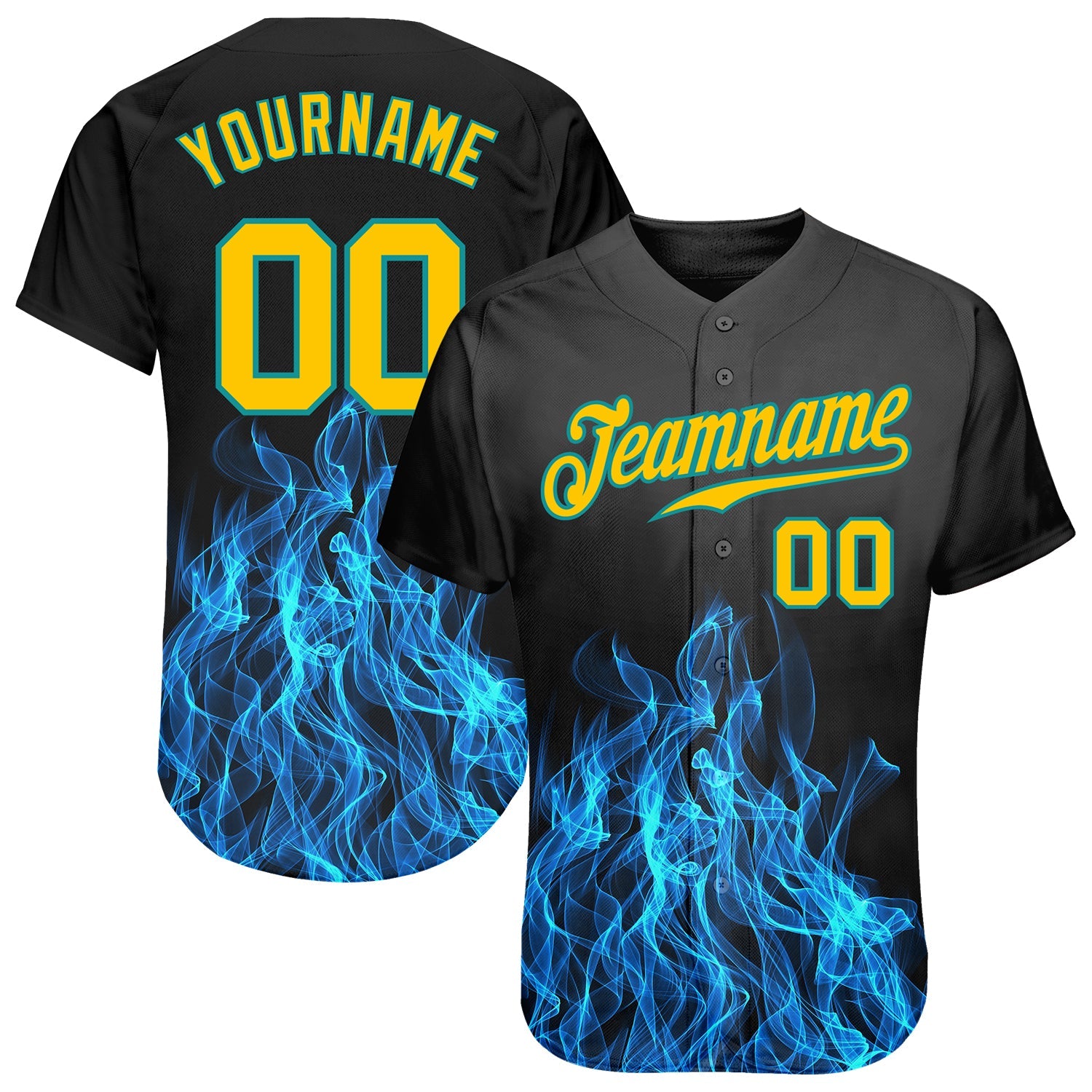 Custom Black Gold-Aqua 3D Pattern Design Flame Authentic Baseball Jersey