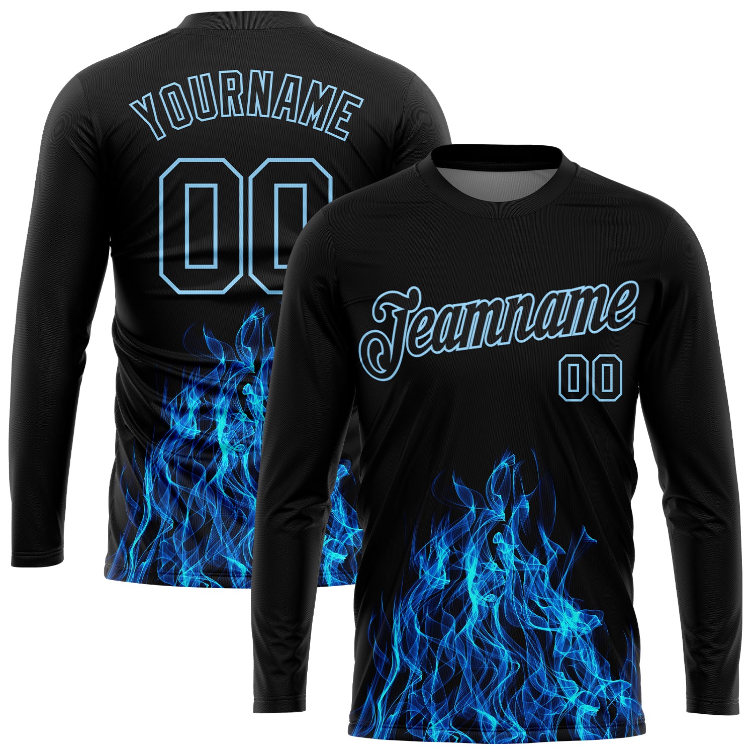 Custom Black Gold-Aqua Flame 3D Pattern Long Sleeve Performance T-Shirt