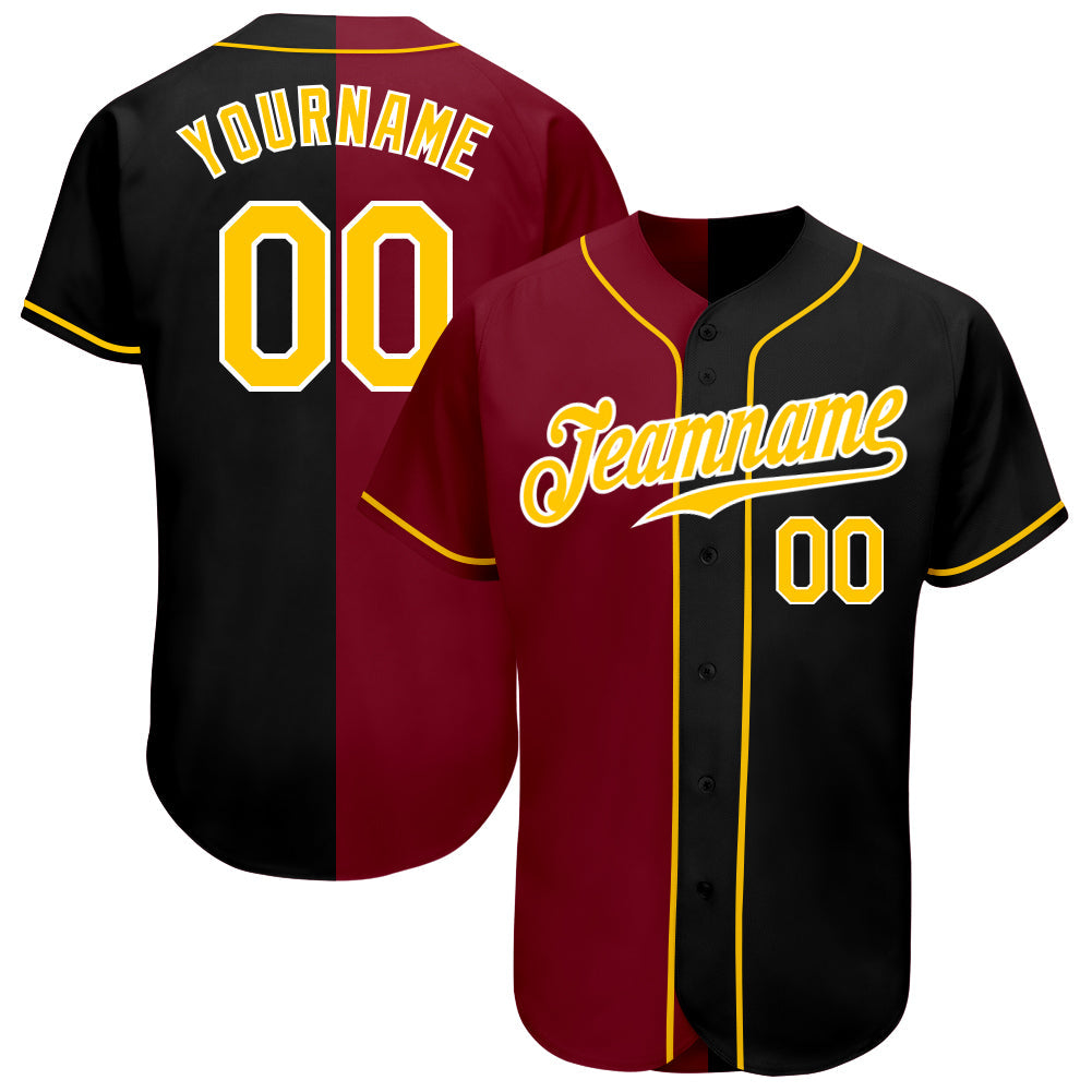 Custom Black Gold-Crimson Authentic Split Fashion Baseball Jersey