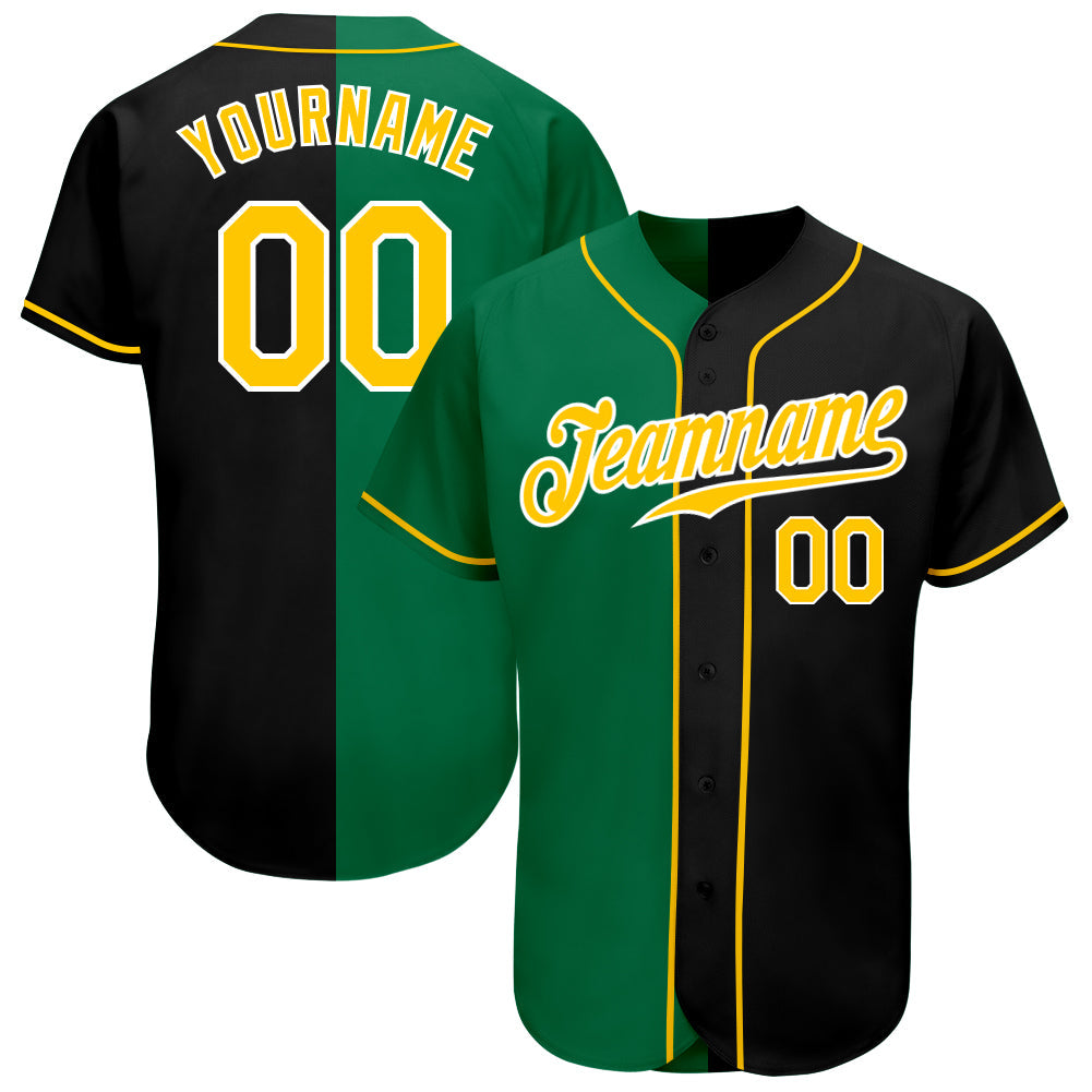 Custom Black Gold-Kelly Green Authentic Split Fashion Baseball Jersey