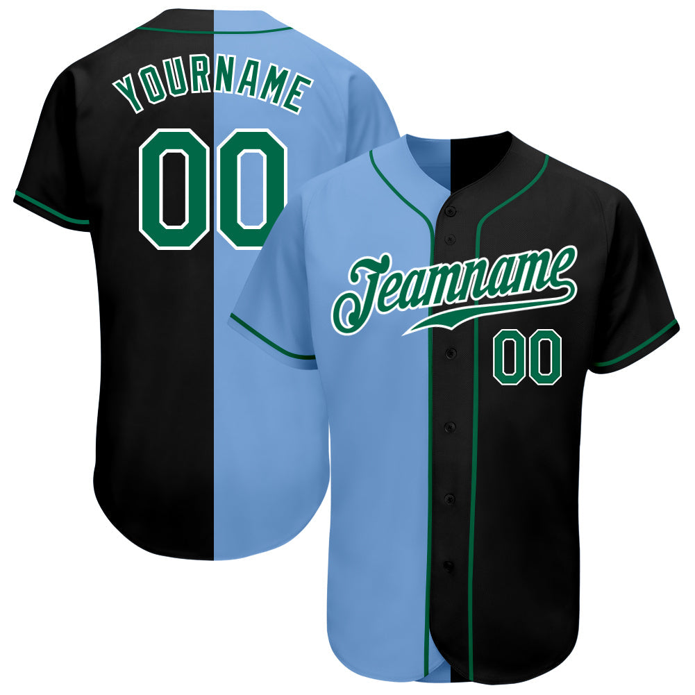 Custom Black Kelly Green-Light Blue Authentic Split Fashion Baseball Jersey