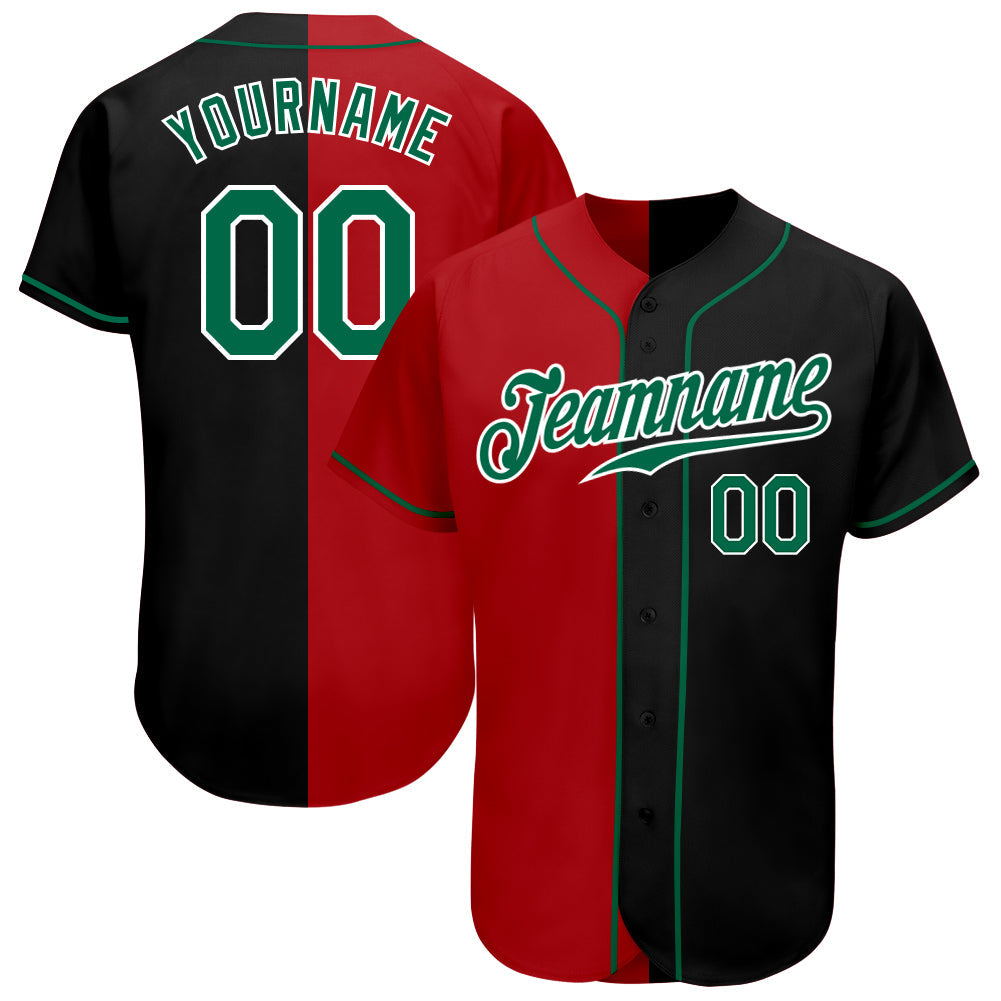 Custom Black Kelly Green-Red Authentic Split Fashion Baseball Jersey