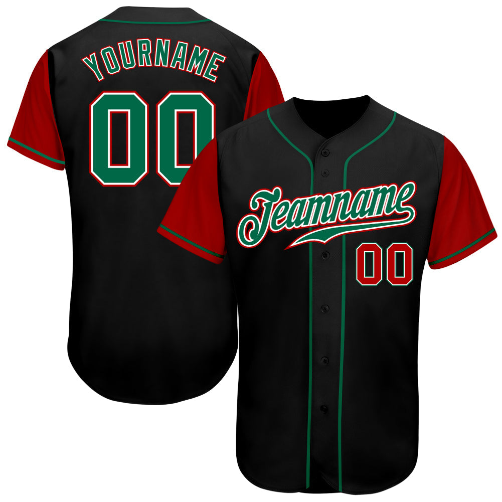 Custom Black Kelly Green-Red Authentic Two Tone Baseball Jersey