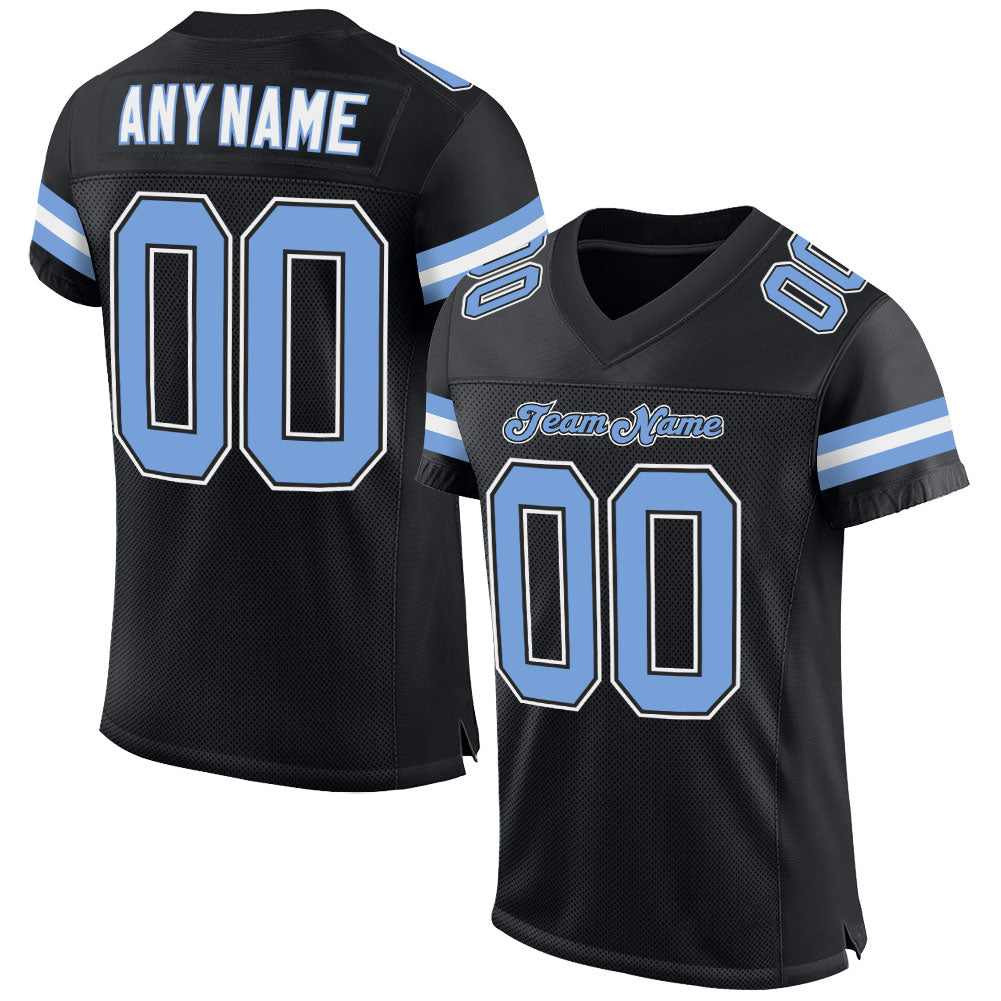 Custom Black Light Blue-White Mesh Authentic Football Jersey