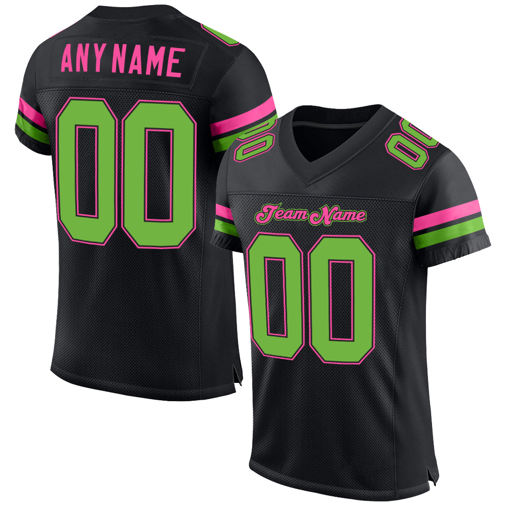 Custom Black Neon Green-Pink Mesh Authentic Football Jersey