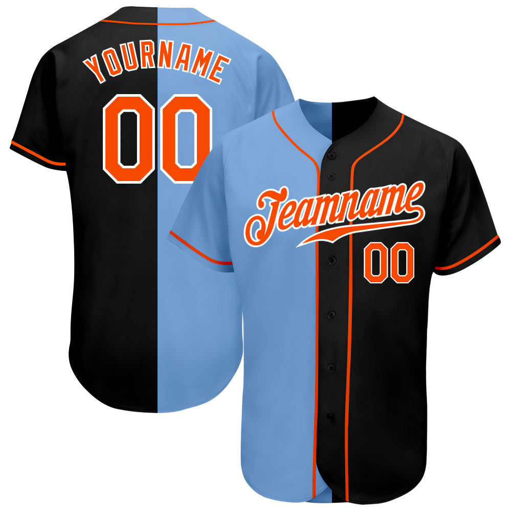 Custom Black Orange-Light Blue Authentic Split Fashion Baseball Jersey