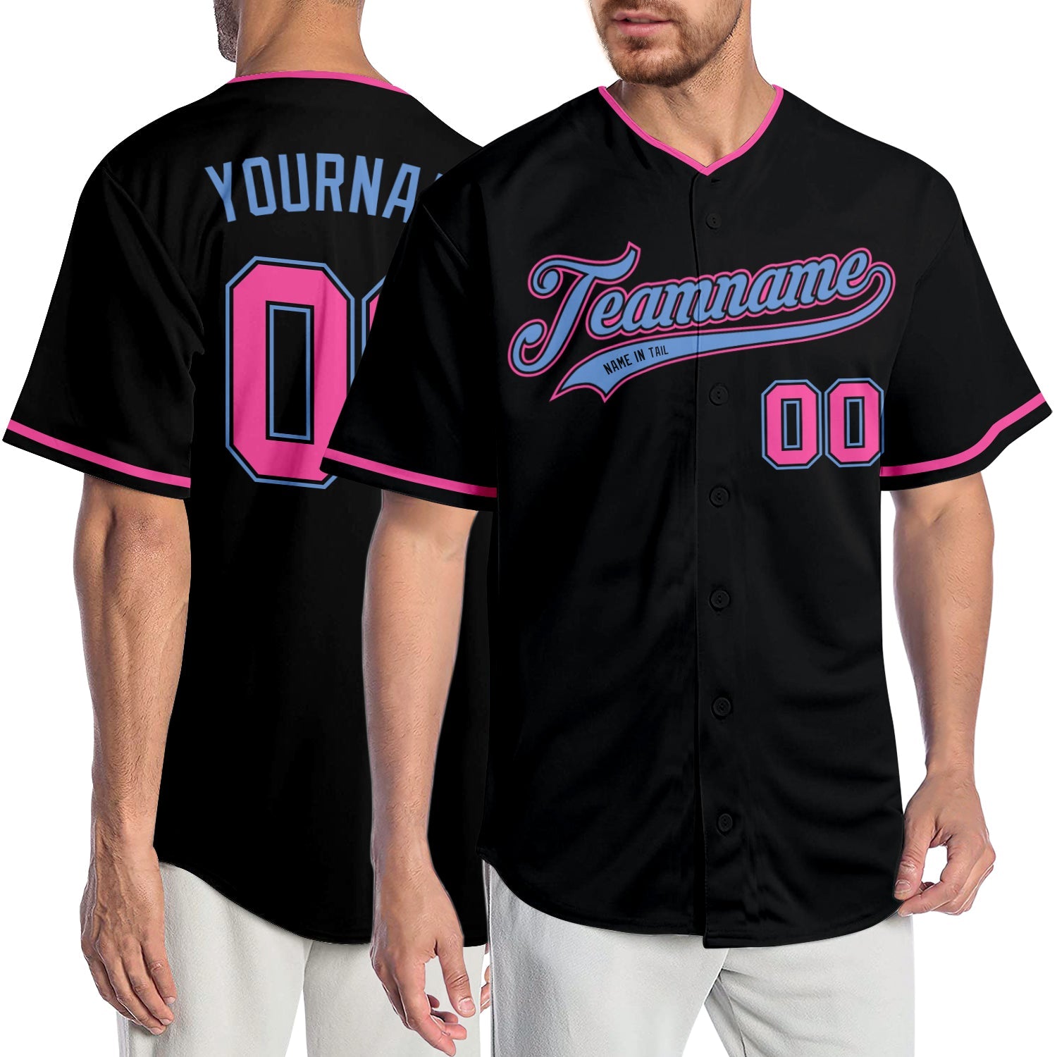 Custom Black Pink-Light Blue Authentic Baseball Jersey