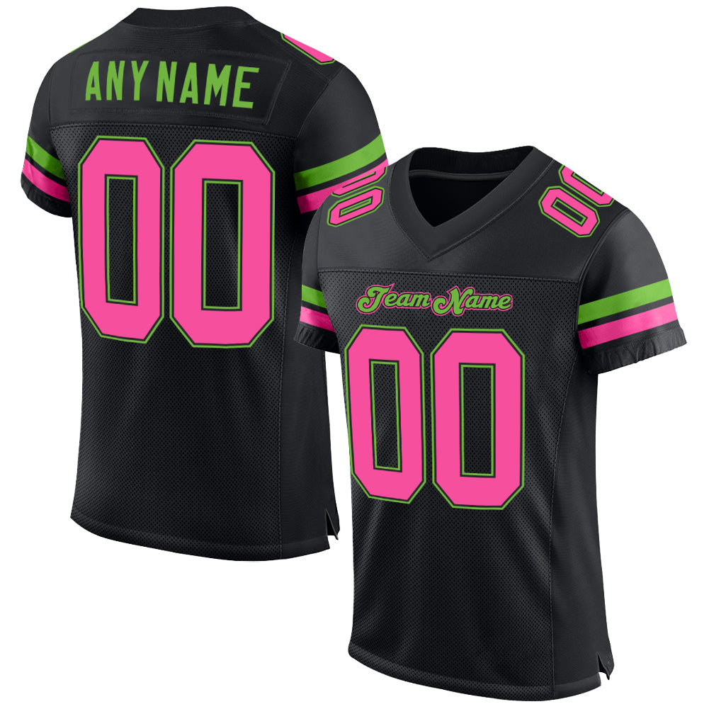 Custom Black Pink-Neon Green Mesh Authentic Football Jersey