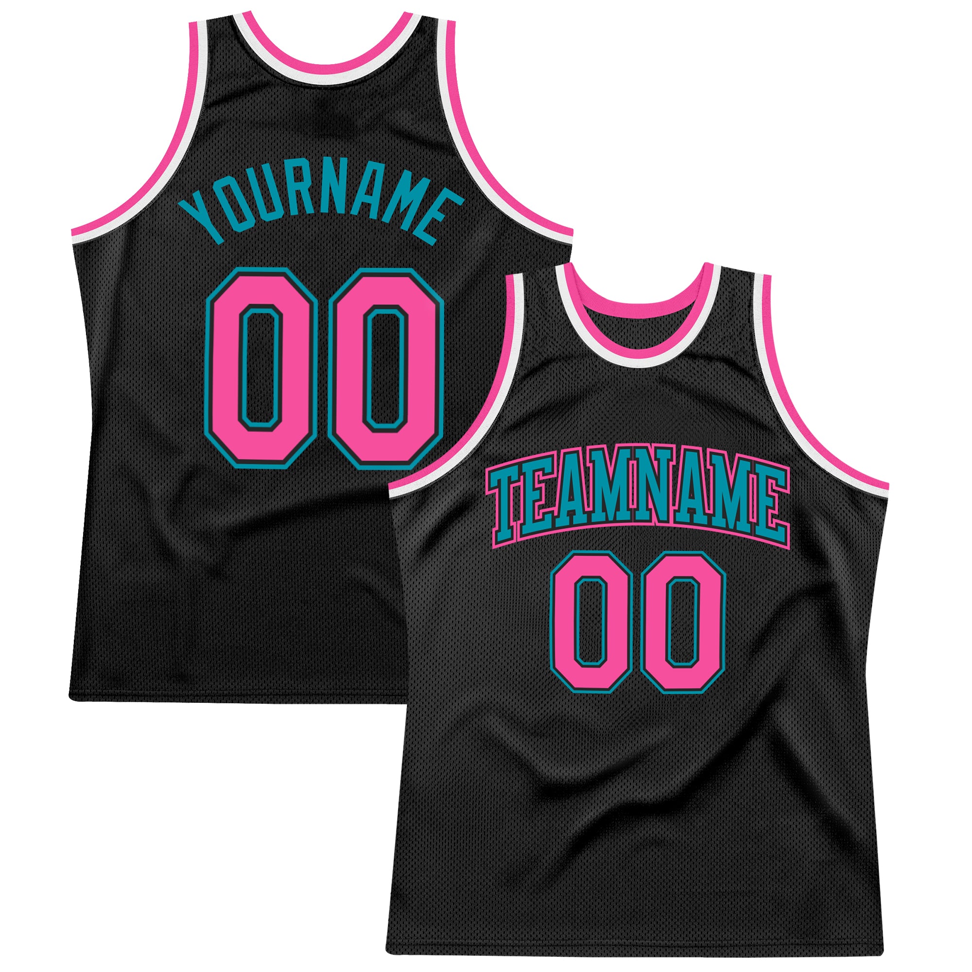 Custom Black Pink-Teal Authentic Throwback Basketball Jersey