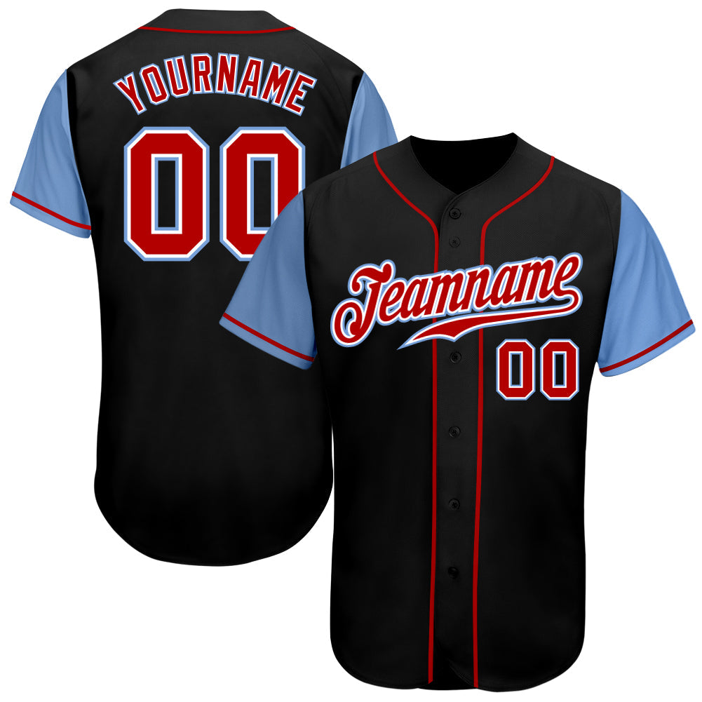 Custom Black Red-Light Blue Authentic Two Tone Baseball Jersey