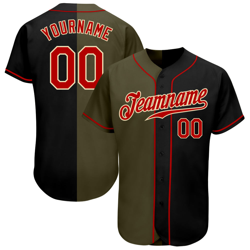 Custom Black Red-Olive Authentic Split Fashion Baseball Jersey