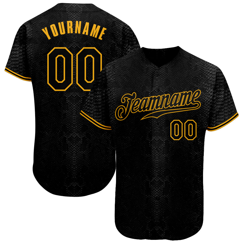 Custom Black Snakeskin Black-Gold Authentic Baseball Jersey