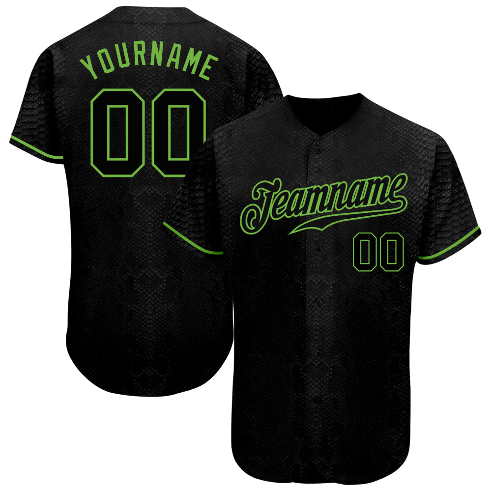 Custom Black Snakeskin Black-Neon Green Authentic Baseball Jersey