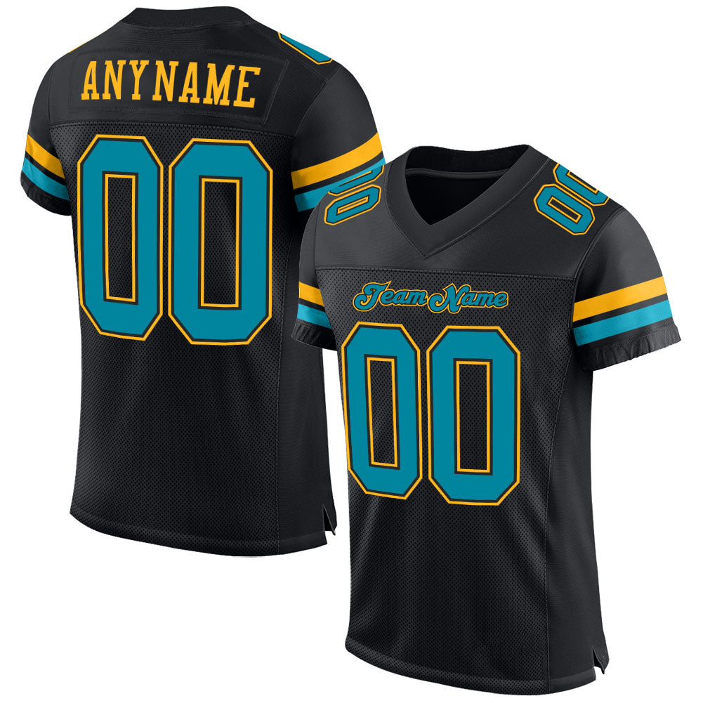 Custom Black Teal-Gold Mesh Authentic Football Jersey