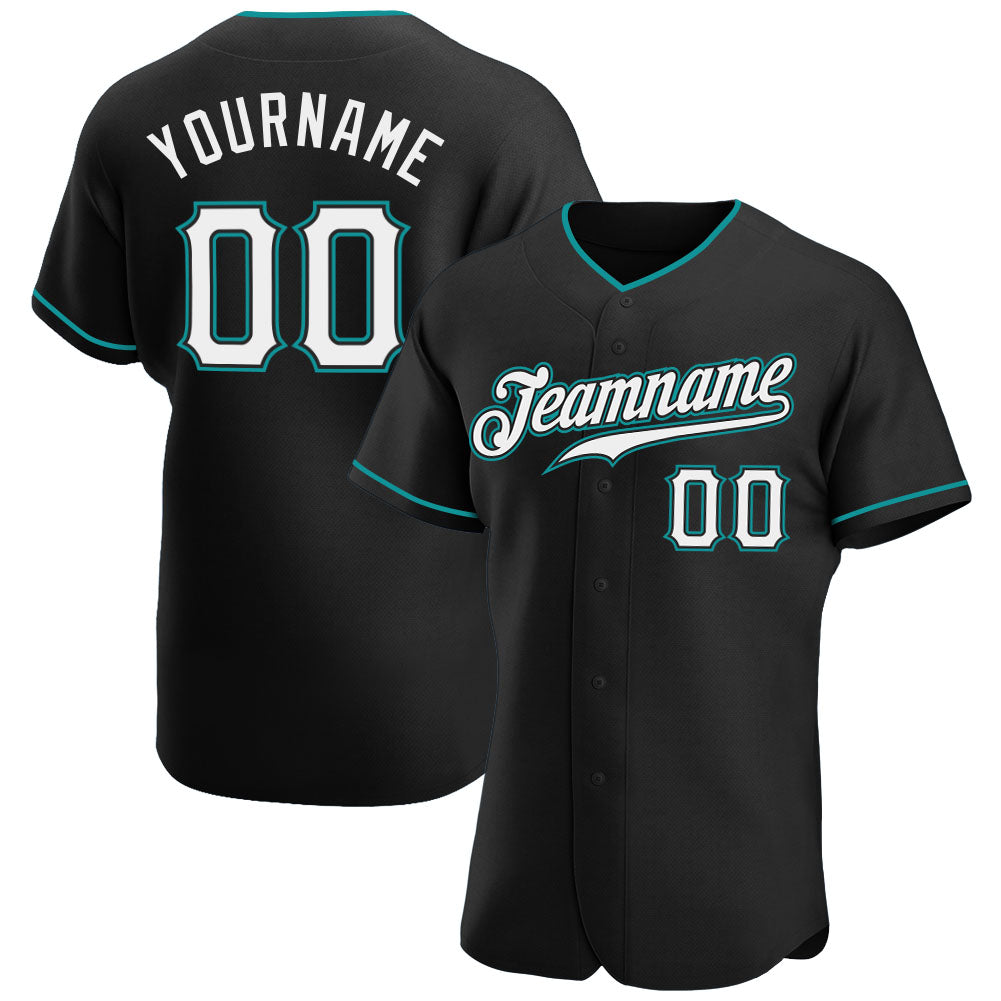 Custom Black White-Aqua Authentic Baseball Jersey