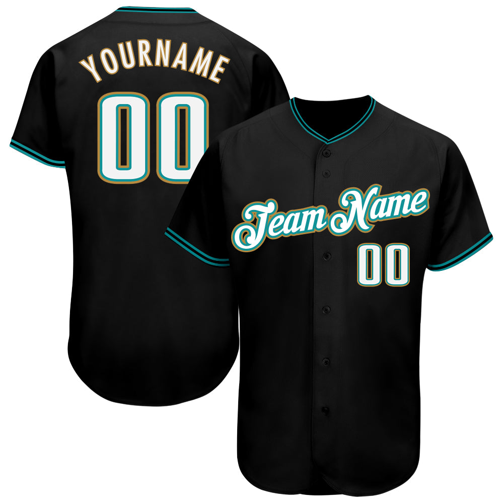 Custom Black White-Aqua Authentic Baseball Jersey