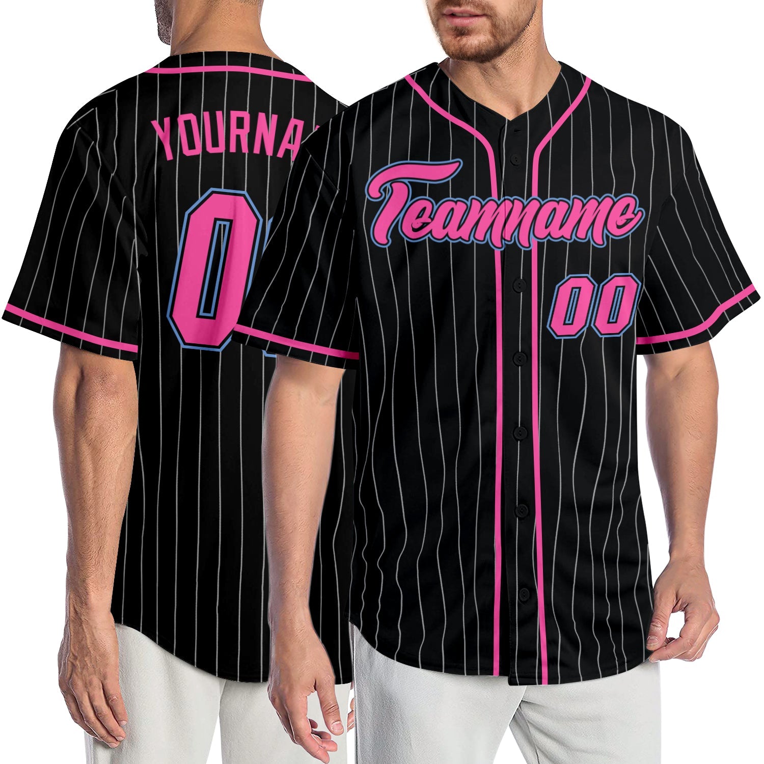 Custom Black White Pinstripe Pink-Light Blue Authentic Baseball Jersey