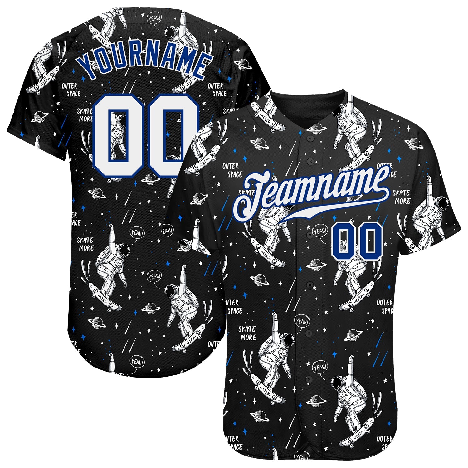 Custom Black White-Royal 3D Pattern Design Astronaut Authentic Baseball Jersey